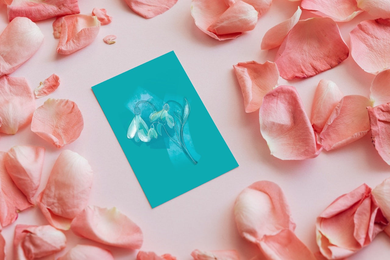 January Snowdrop birth flower greeting card flatlay with pink petals