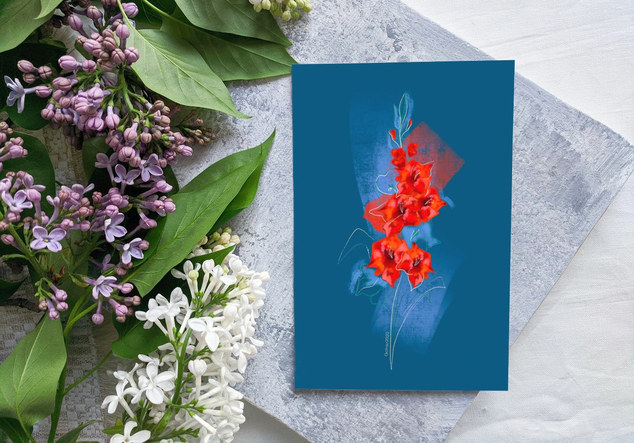 August Gladiolus birth flower greeting card displayed beside flowers – Pack of 10