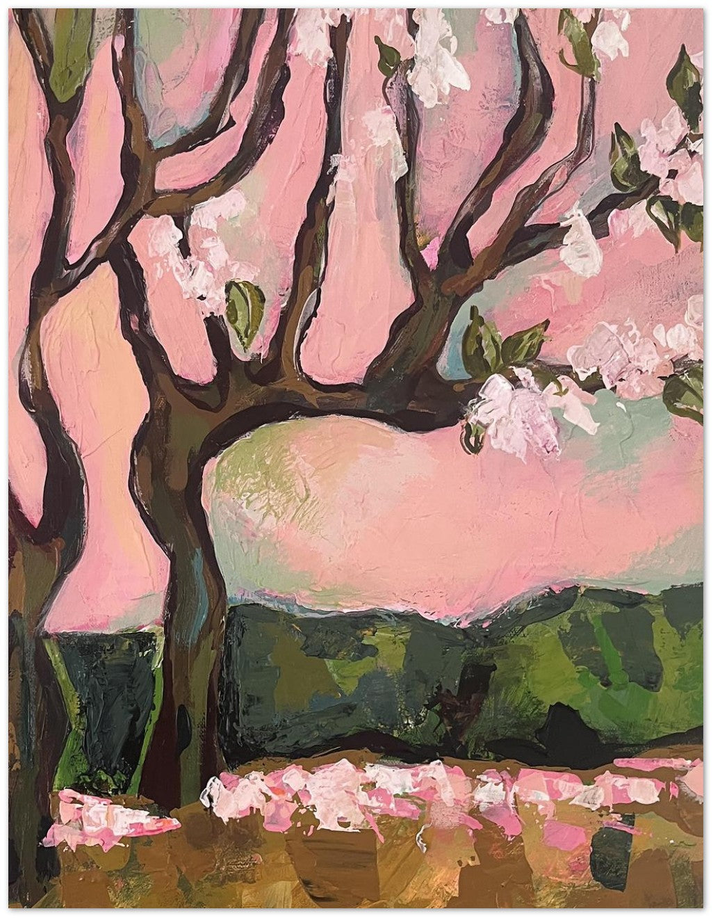 Cherry blossom greeting card design with abstract floral artwork in soft pink and green tones