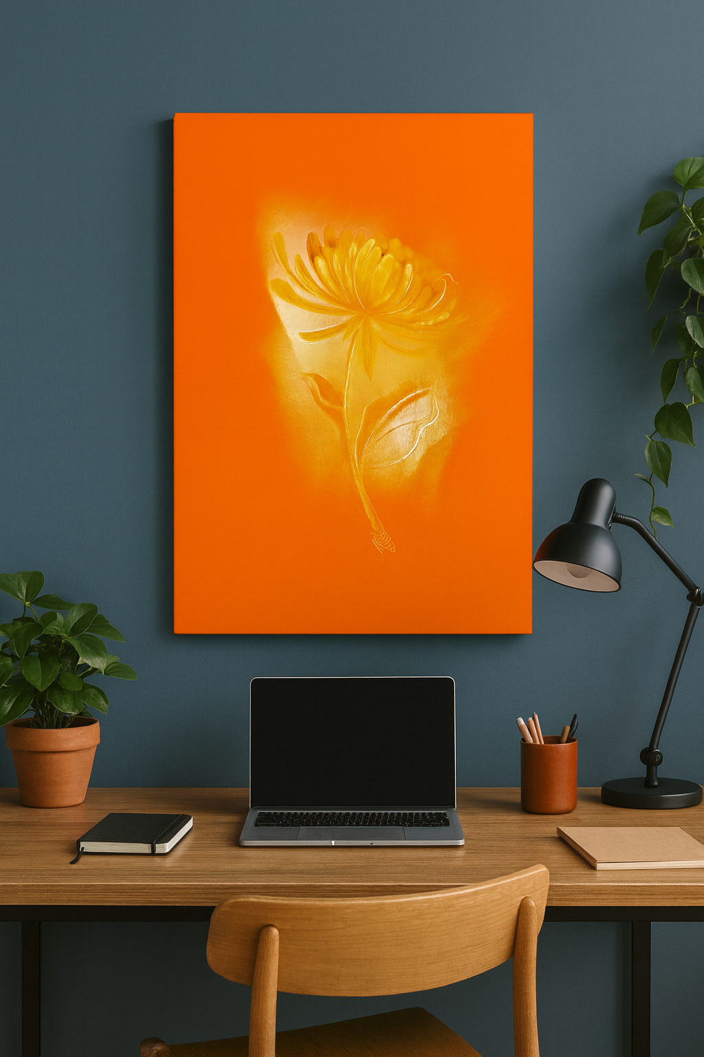 Chrysanthemum Birth Flower canvas styled in a minimalist home office space.
