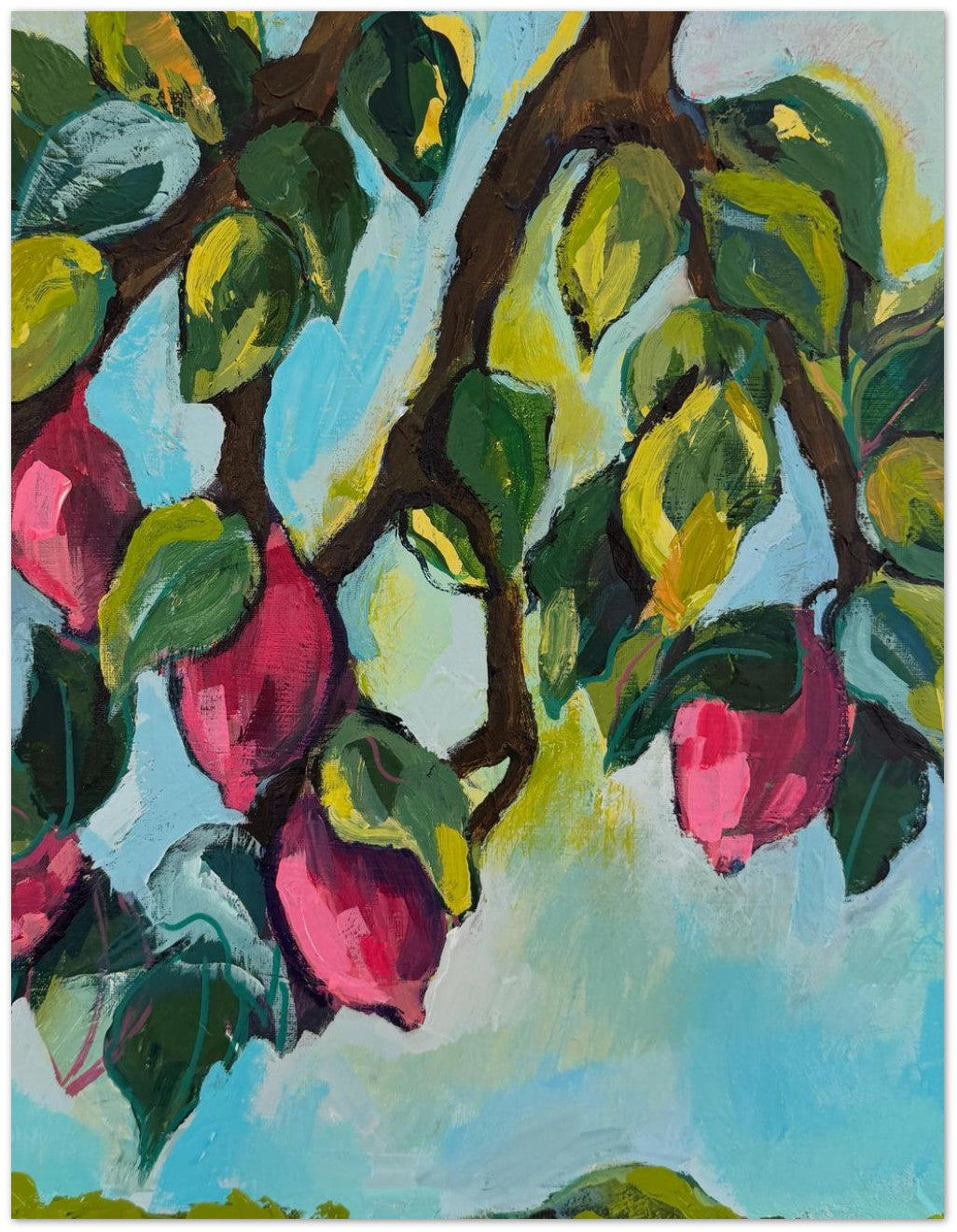 Close-up of purple lemons botanical artwork showing textured brush strokes and vibrant colors on greeting card design