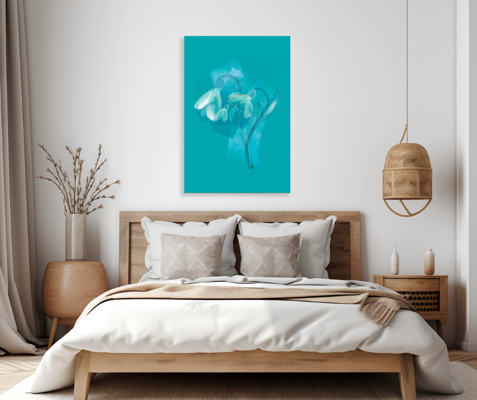 January snowdrop birth flower canvas wall art displayed above a bedroom bed – calming teal floral artwork for serene bedroom decor.