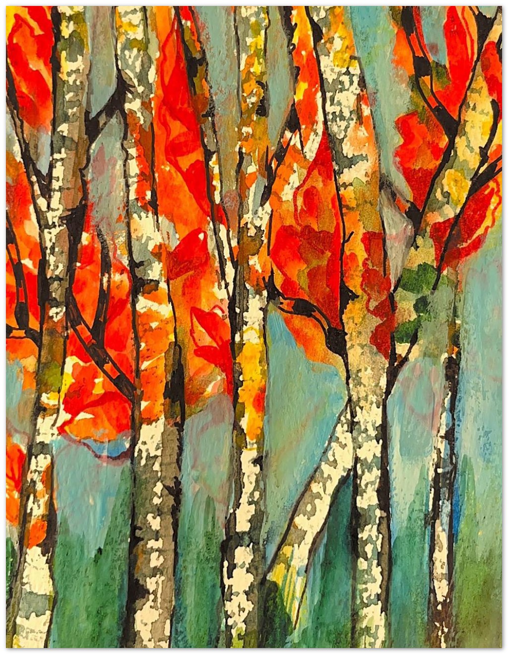 Whispers of Fall artwork featuring colorful autumn trees with vibrant orange and red leaves in an expressive nature painting