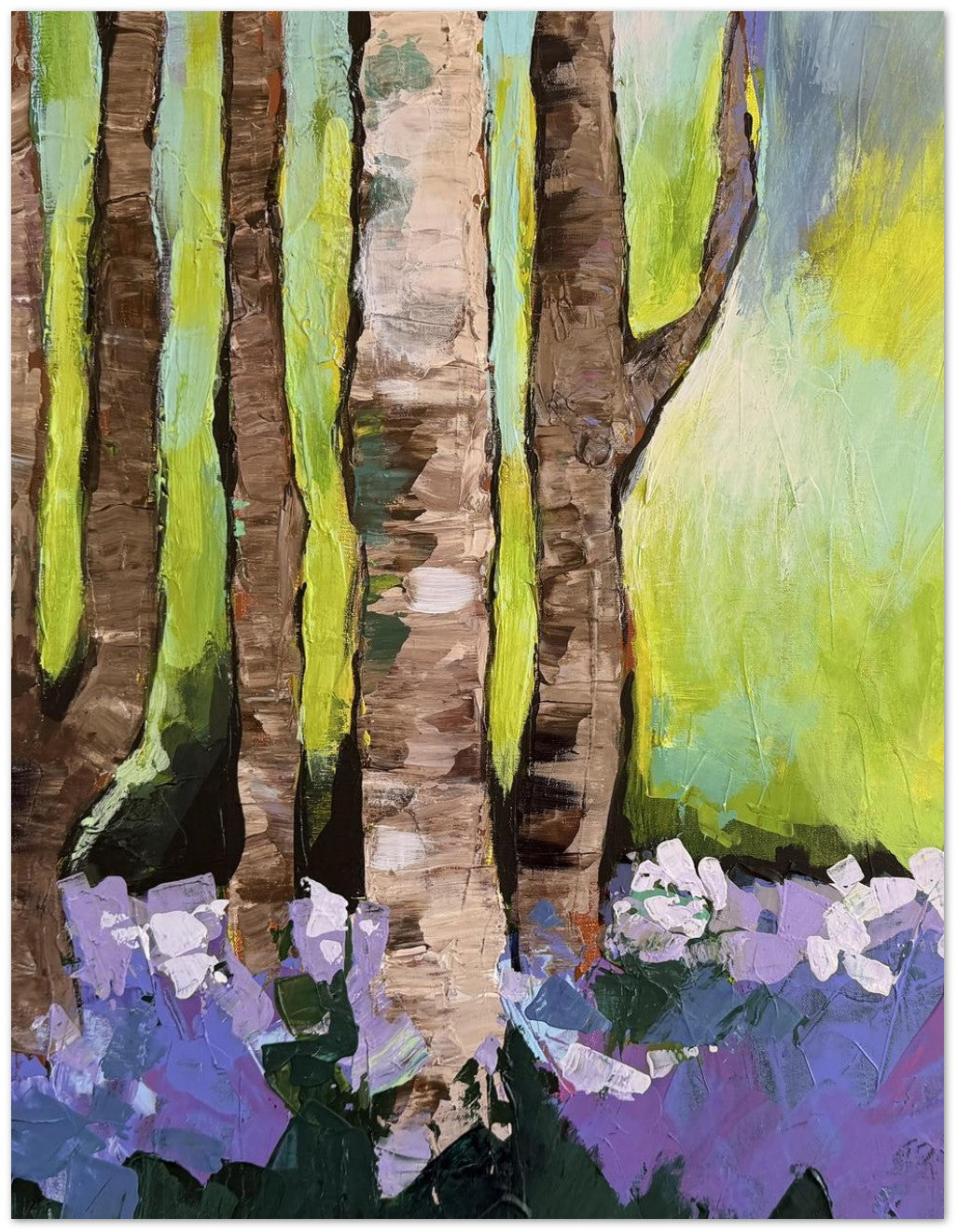 Woodland Serenity greeting card featuring impressionist forest artwork with birch trees and purple flowers
