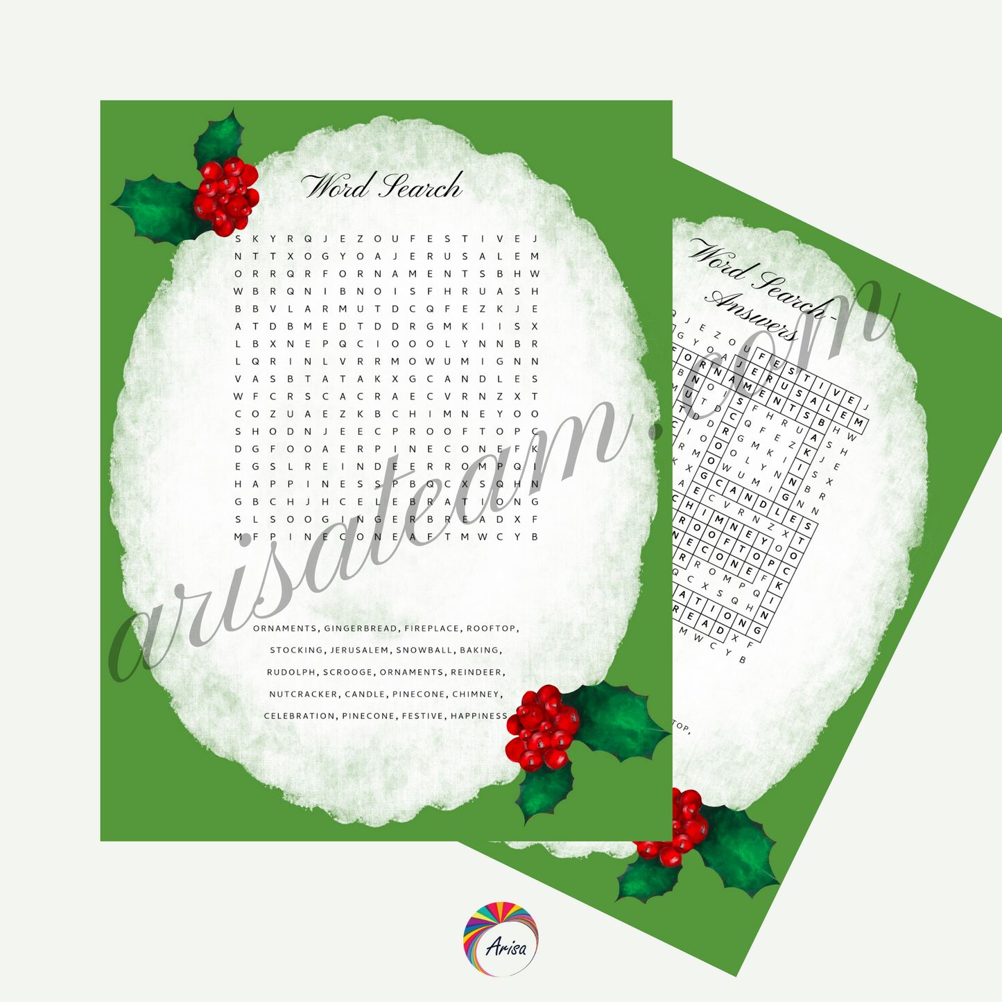 The word search and its answers of the "Chirstmas Charm Activity Pack" from ArisaTeam