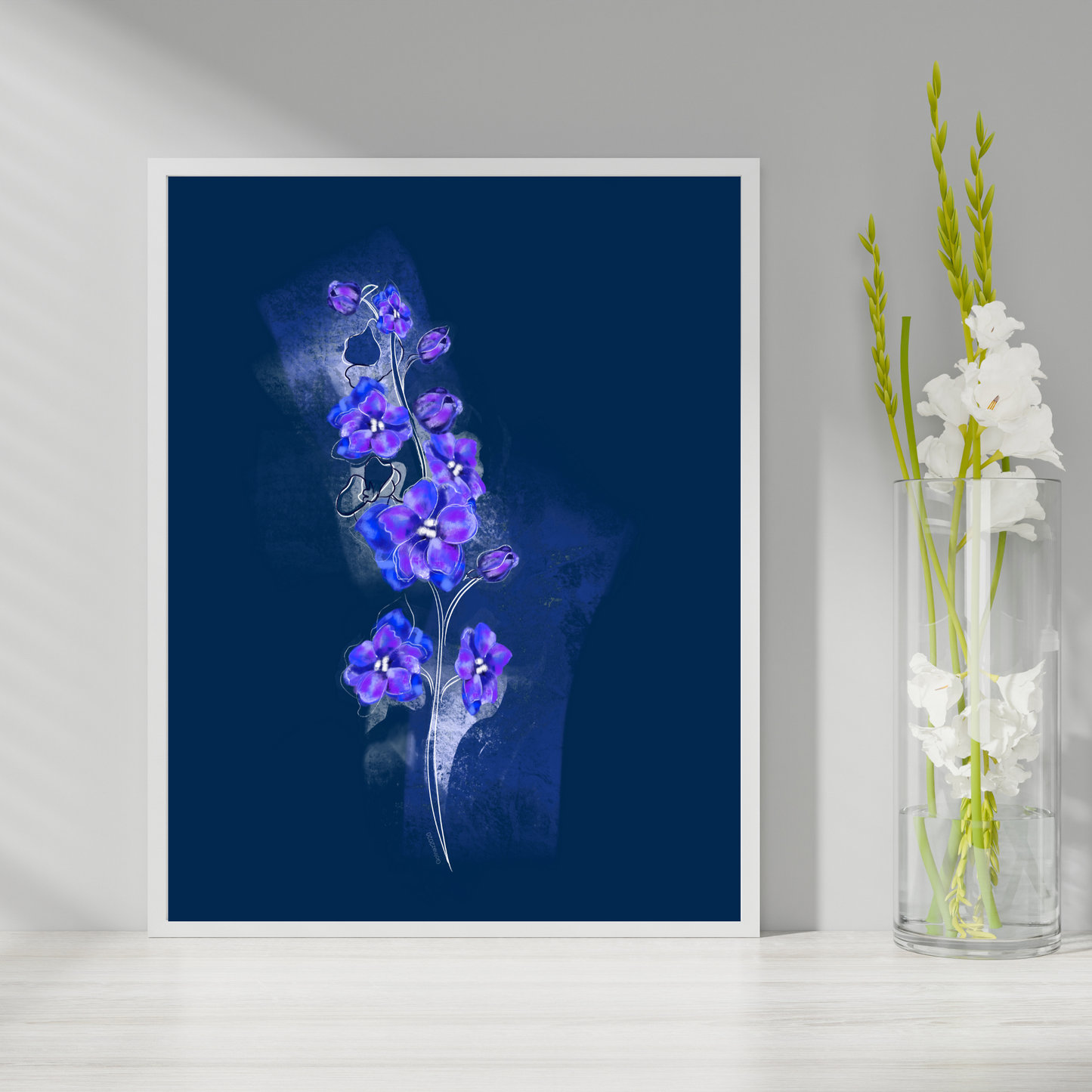 An example of the Larkspur painting by ArisaTeam near a vase of flowers