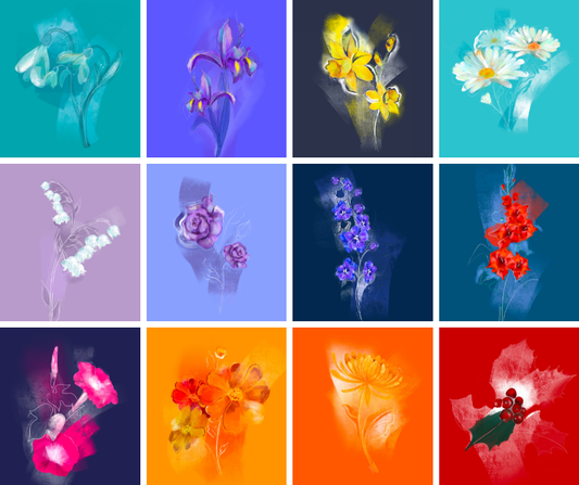 Birth flowers by month illustration featuring daffodil, iris, daisy, rose and other floral artwork