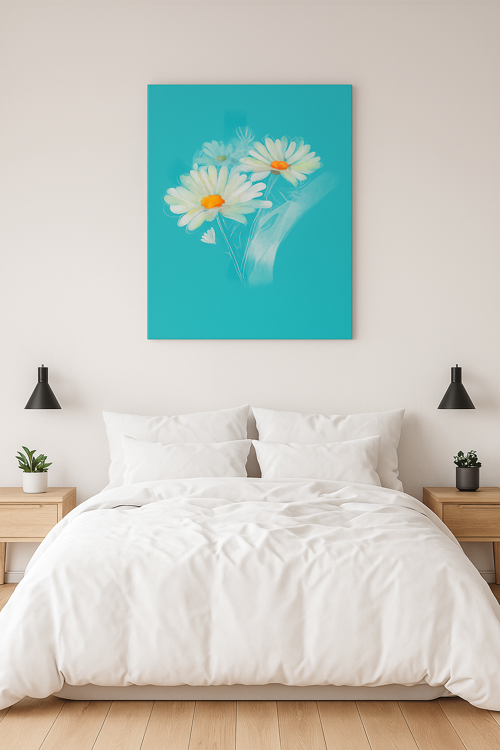 Daisy birth flower canvas wall art displayed above a cozy white bed in a soft bedroom interior