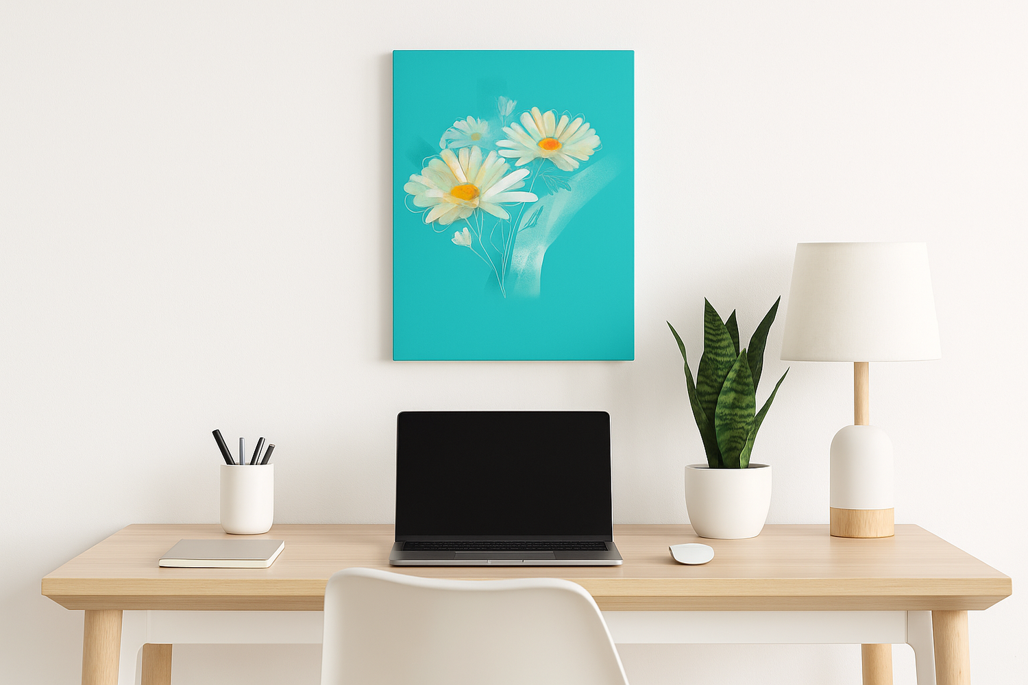 April daisy canvas wall art hanging in a modern office workspace with minimalist decor