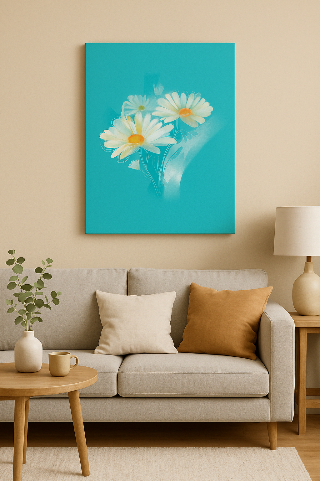 Daisy birth flower canvas artwork showcased in a bright living room with plants and natural light