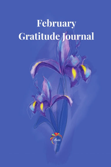 February Gratitude Journal with Iris birth flower artwork on turquoise background