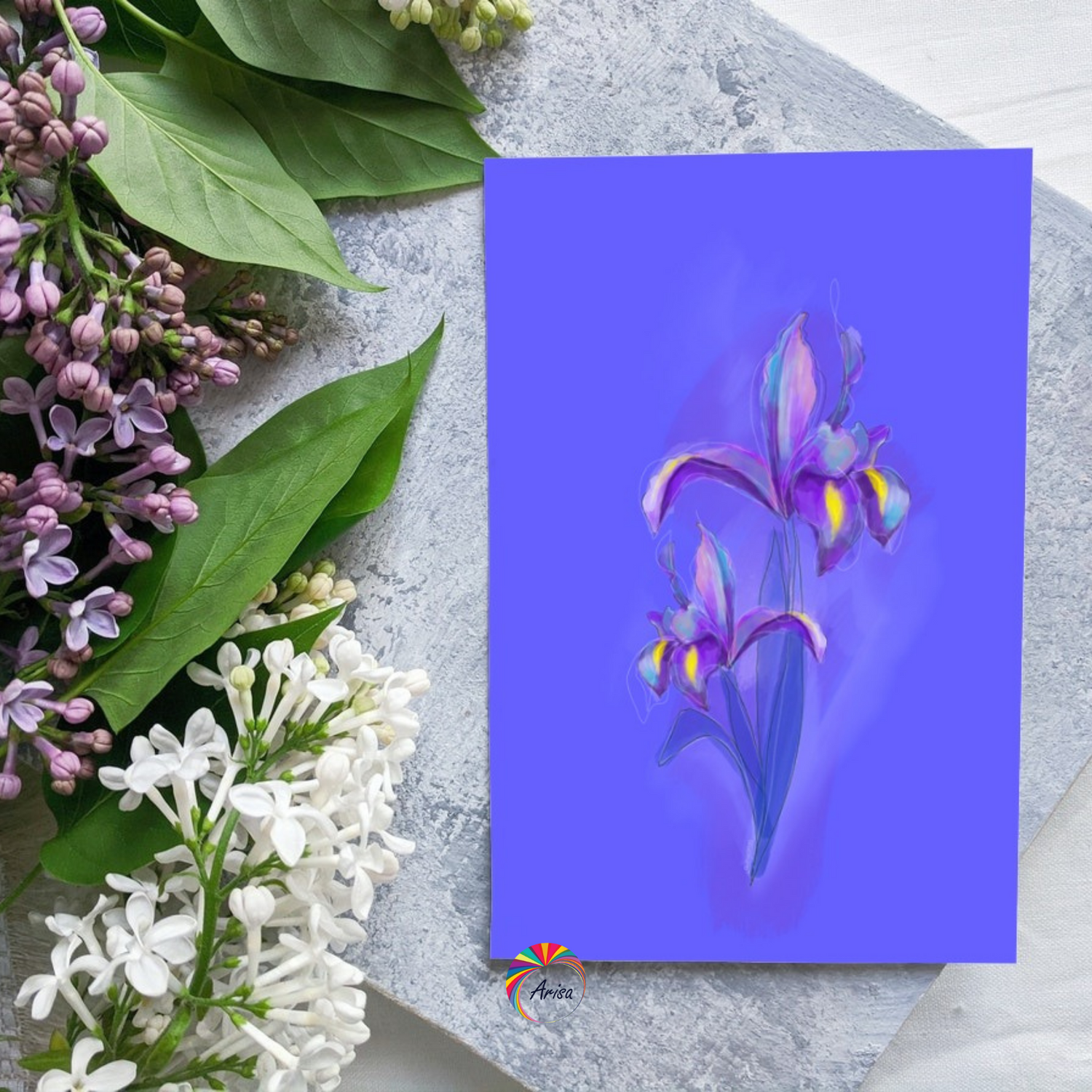 February Iris birth flower greeting card styled with decorative flowers.