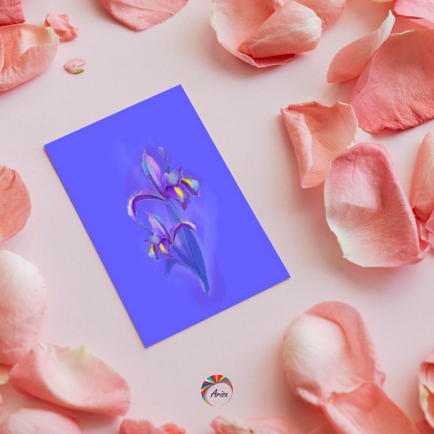February Iris birth flower greeting card styled with pink petals for a soft, romantic look.