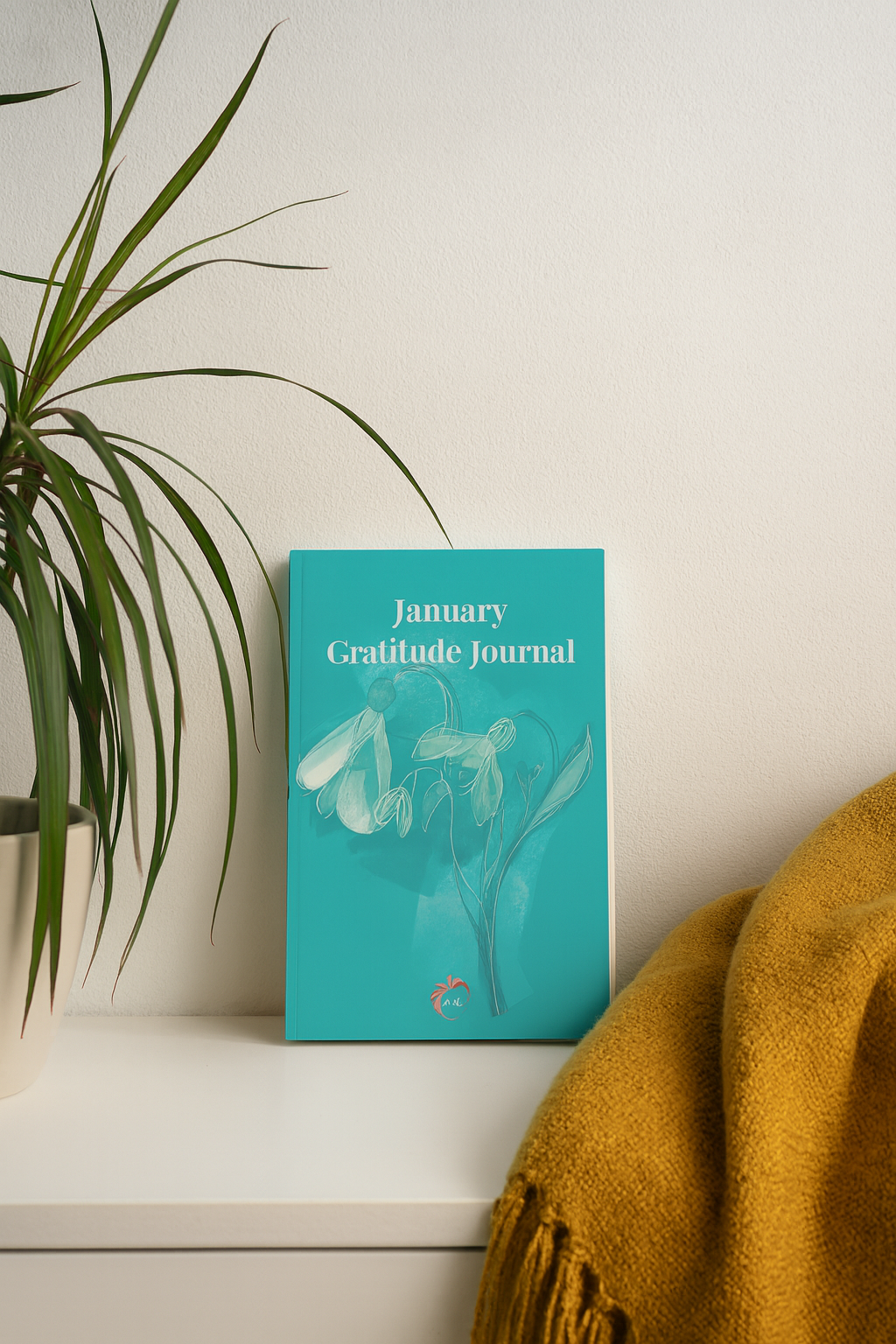 January Gratitude Journal displayed in a cozy lifestyle setting with a plant, showcasing elegant snowdrop cover art.