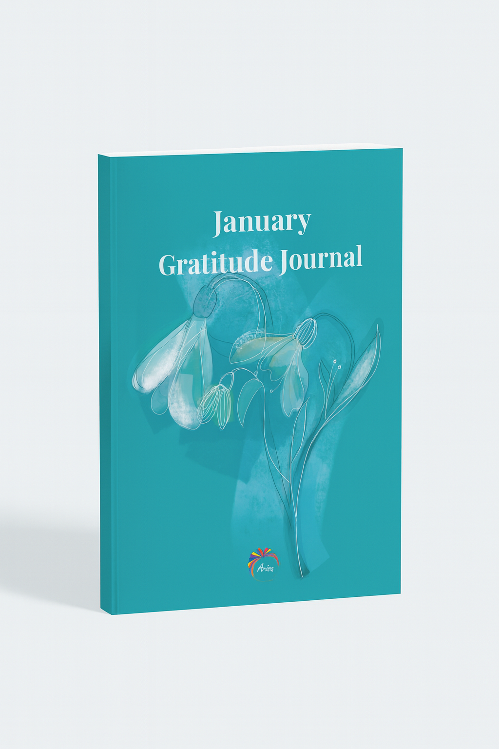 January Gratitude Journal standing paperback mockup featuring snowdrop artwork — perfect for daily gratitude and reflection.