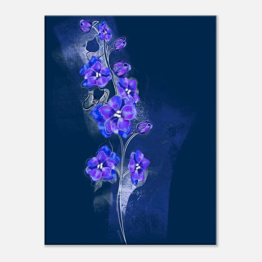 Larkspur birth flower canvas wall art featuring expressive purple July blooms on a deep background.
