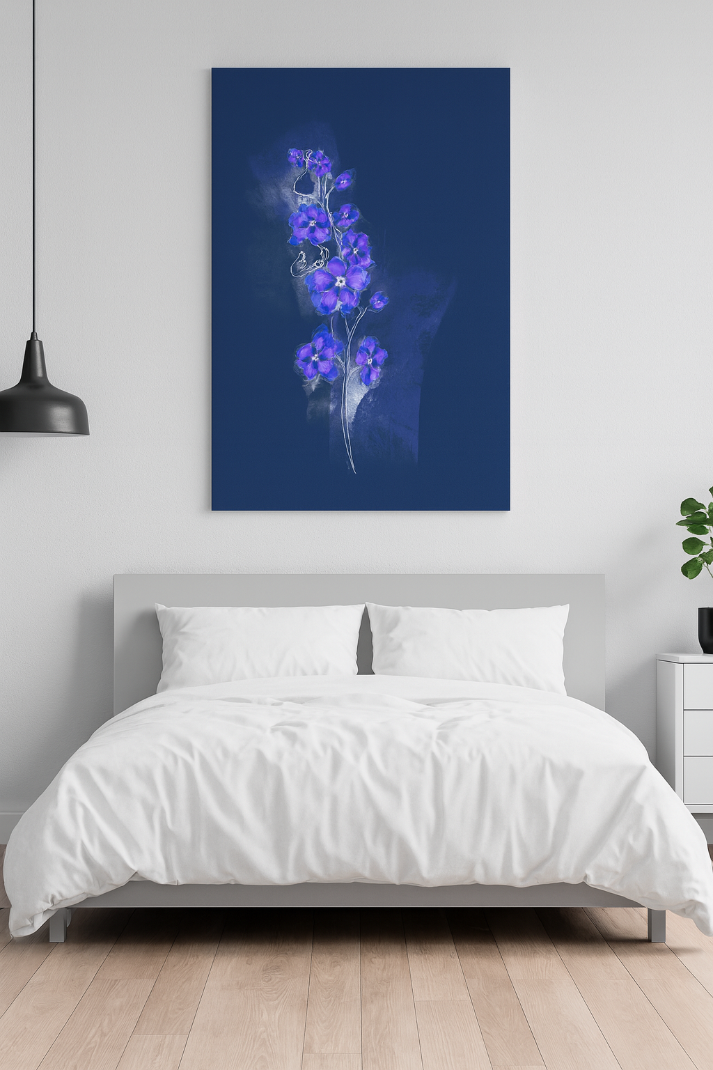 Larkspur birth flower canvas hanging above a cozy bed in a minimalist bedroom.
