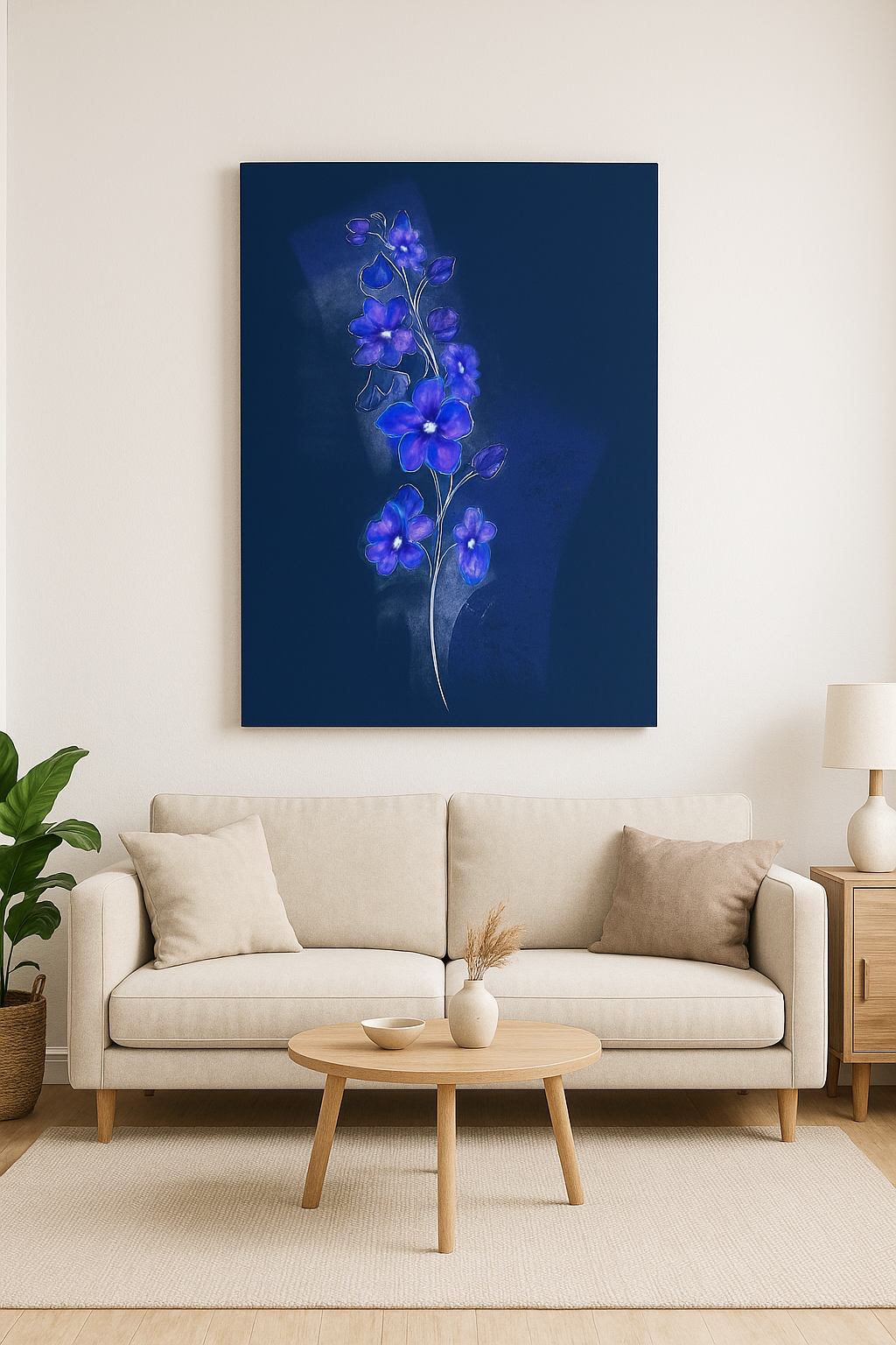 Larkspur birth flower canvas displayed in a modern living room with neutral décor.
