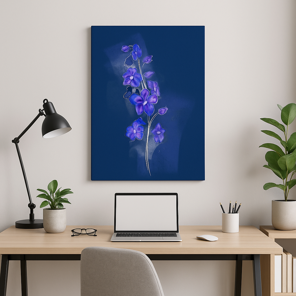 Larkspur birth flower canvas styled in a home office with clean, modern accents.