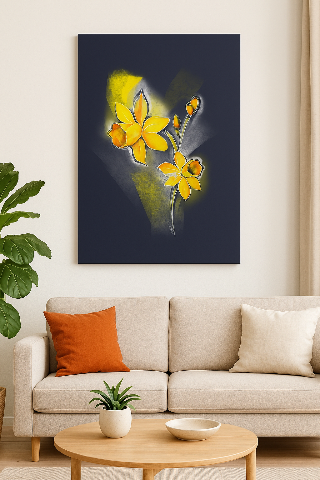 Daffodil birth flower canvas wall art hanging in a contemporary living room