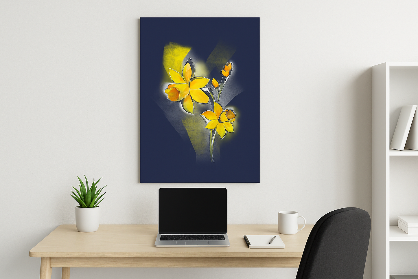 Daffodil birth flower canvas wall art styled in a bright, minimal home office setting