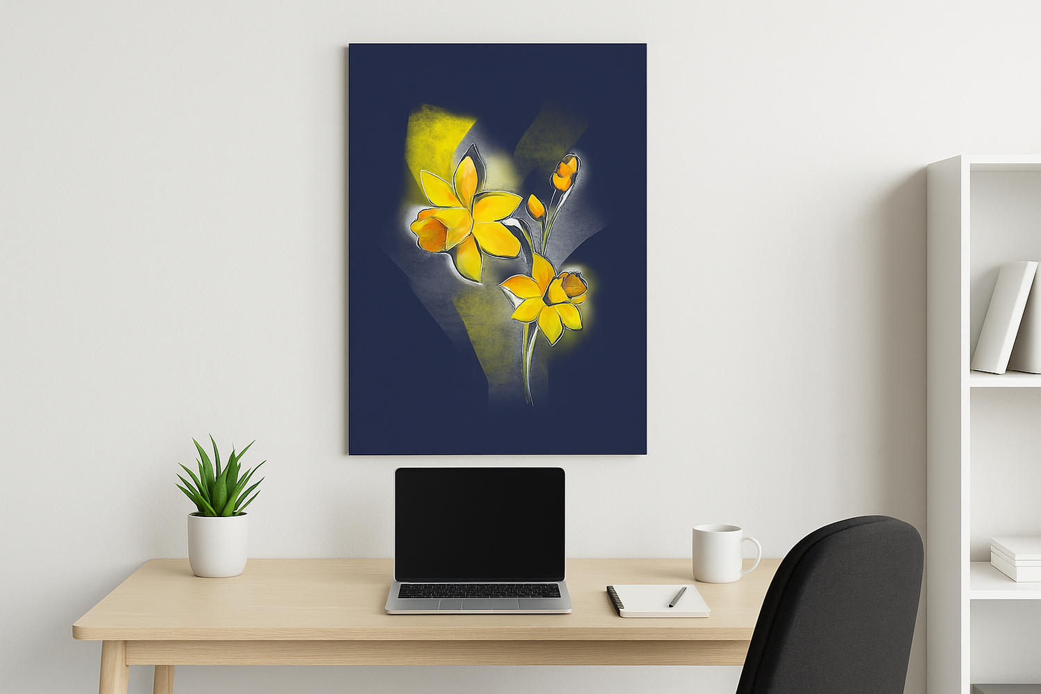 Daffodil birth flower canvas wall art styled in a bright, minimal home office setting