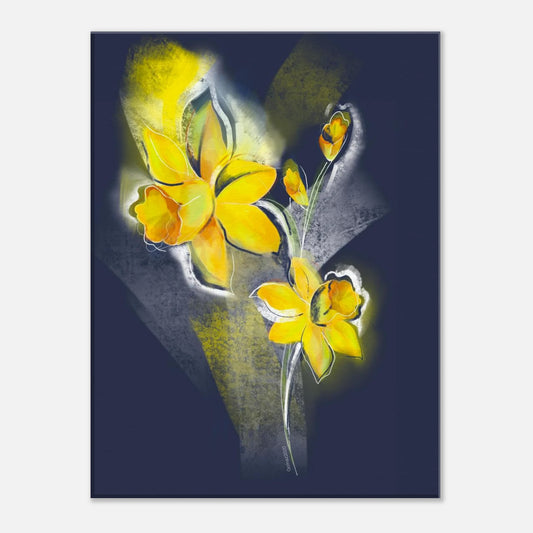 Daffodil birth flower canvas wall art for March featuring vibrant yellow blooms on a dark background