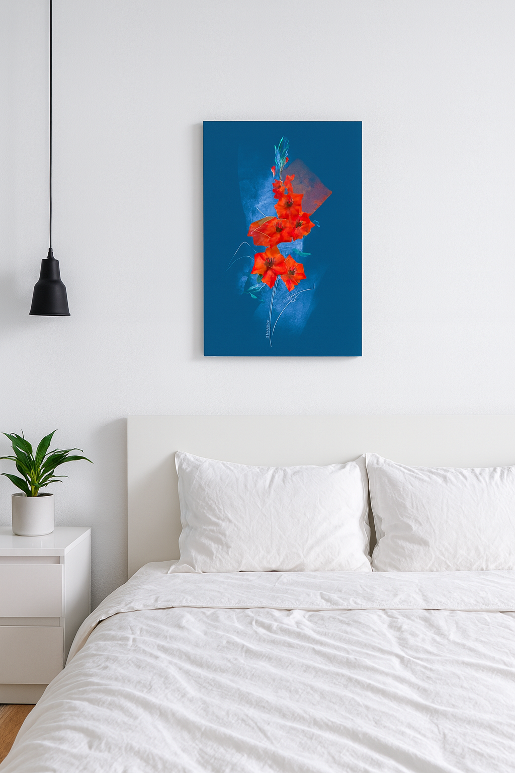 Gladiolus birth flower canvas wall art hanging above a cozy bedroom setting