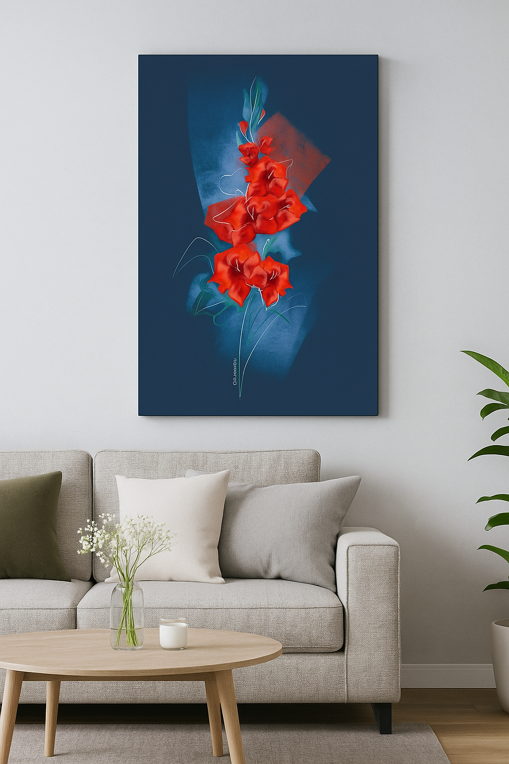 Gladiolus birth flower canvas wall art displayed in a modern living room
