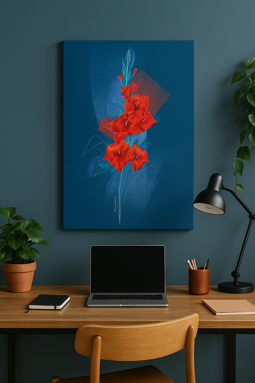 Gladiolus birth flower canvas wall art styled in a contemporary office space