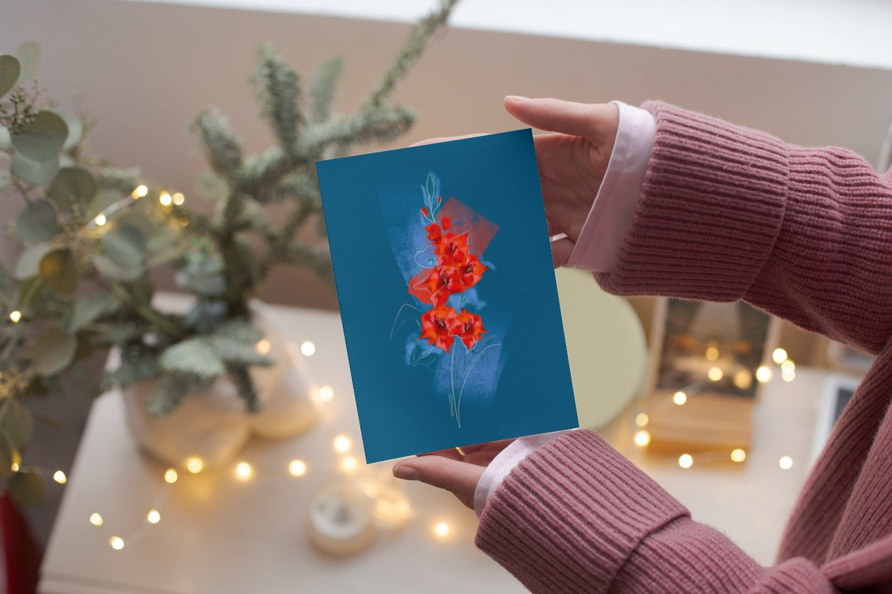 Hand holding August Gladiolus birth flower greeting card – Pack of 10
