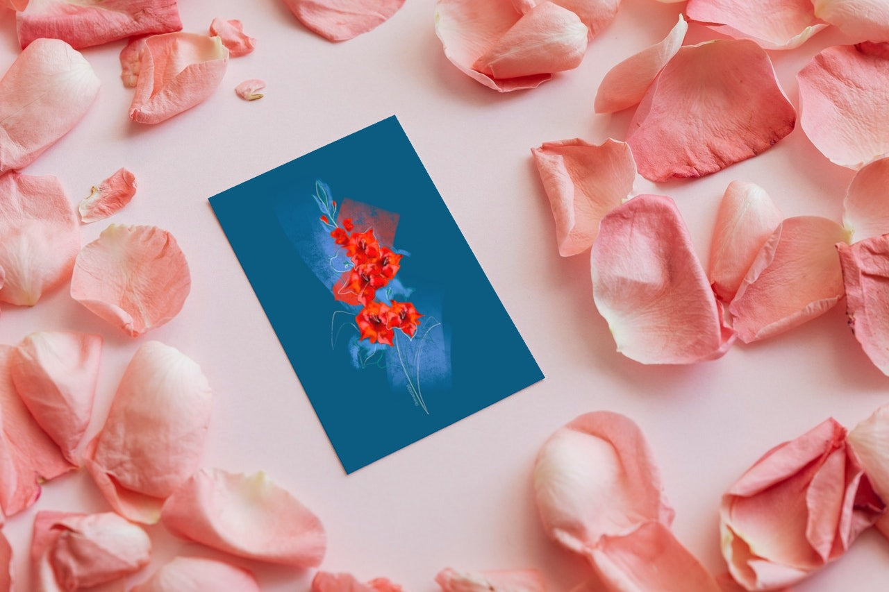 August Gladiolus birth flower greeting card surrounded by pink petals – Pack of 10