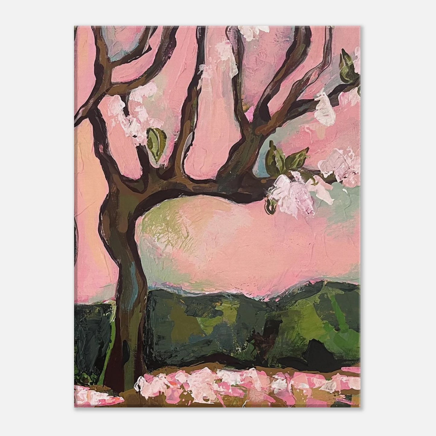 Cherry blossom canvas wall art featuring soft pink floral blooms in a serene and elegant landscape style