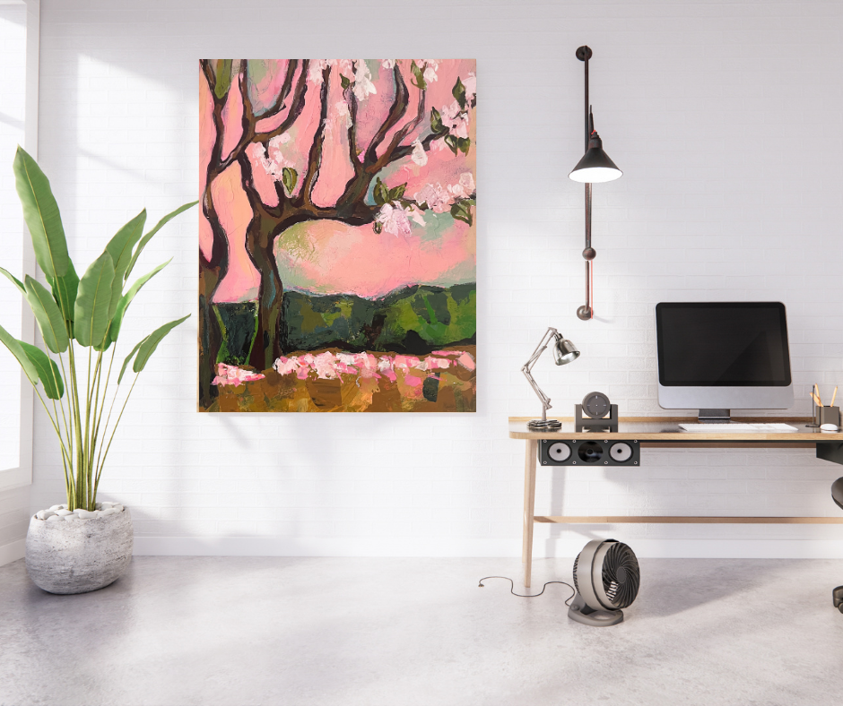 Cherry Blossom Dream canvas wall art displayed in a modern home office above a desk with a computer and minimal decor