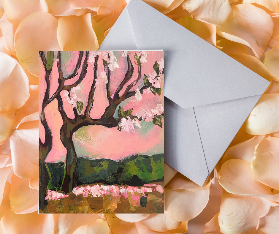 Cherry blossom greeting cards set of 10 with abstract floral artwork placed on soft petals with an envelope