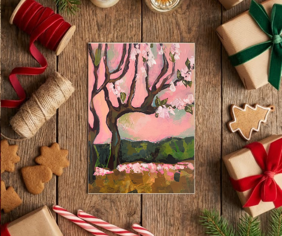 Cherry blossom greeting cards set of 10 displayed on a wooden table with gift wrapping and festive decorations