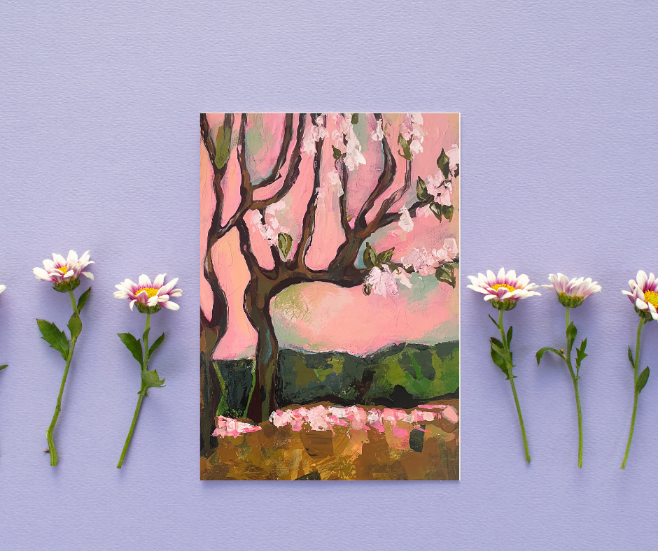 Cherry blossom greeting cards set of 10 with abstract floral artwork displayed with flowers on a soft pastel backgrou