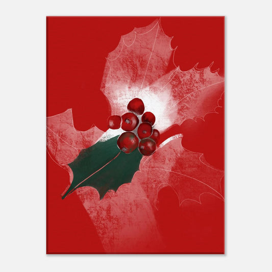 Illustrated holly birth flower artwork on red background, December birth flower canvas wall art.