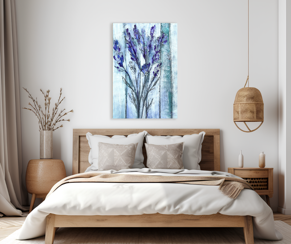 Lavender canvas wall art in soft purple tones displayed above a wooden bed in a calm modern bedroom