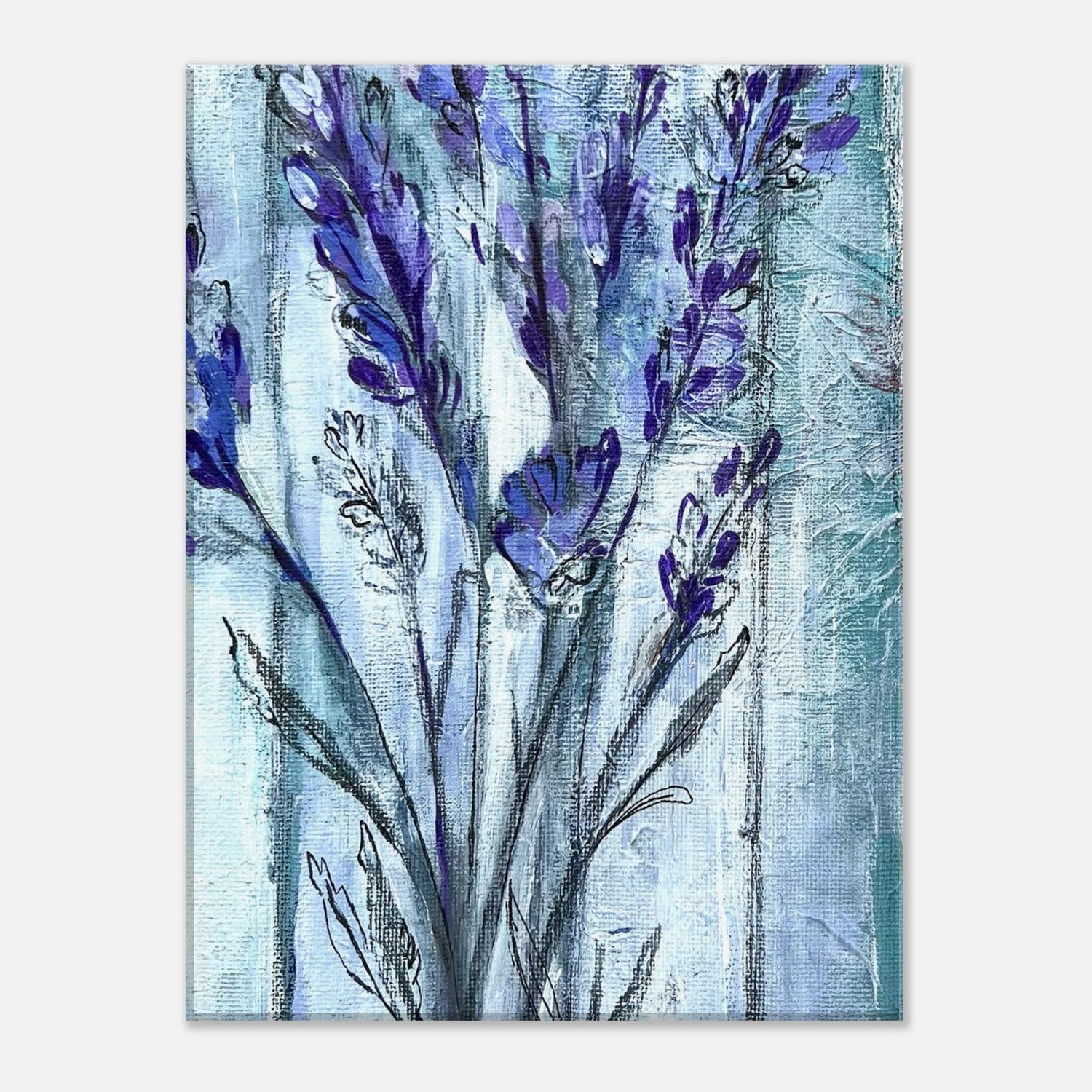 Ethereal lavender canvas wall art with soft purple flowers and textured blue background, botanical painting for calm and elegant home decor