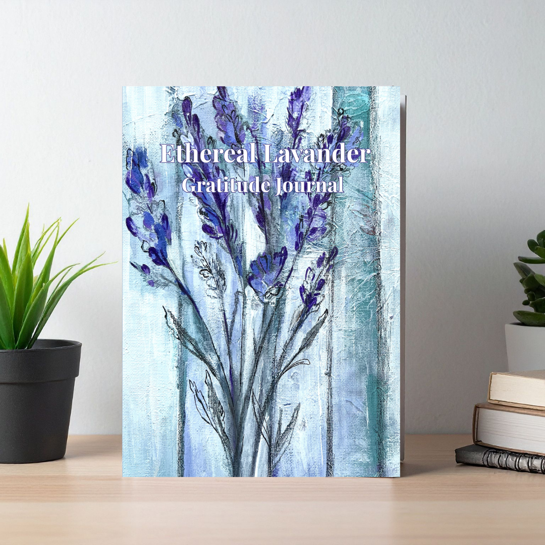 Ethereal Lavender gratitude journal with calming lavender artwork cover displayed in a soft, minimalist lifestyle setting