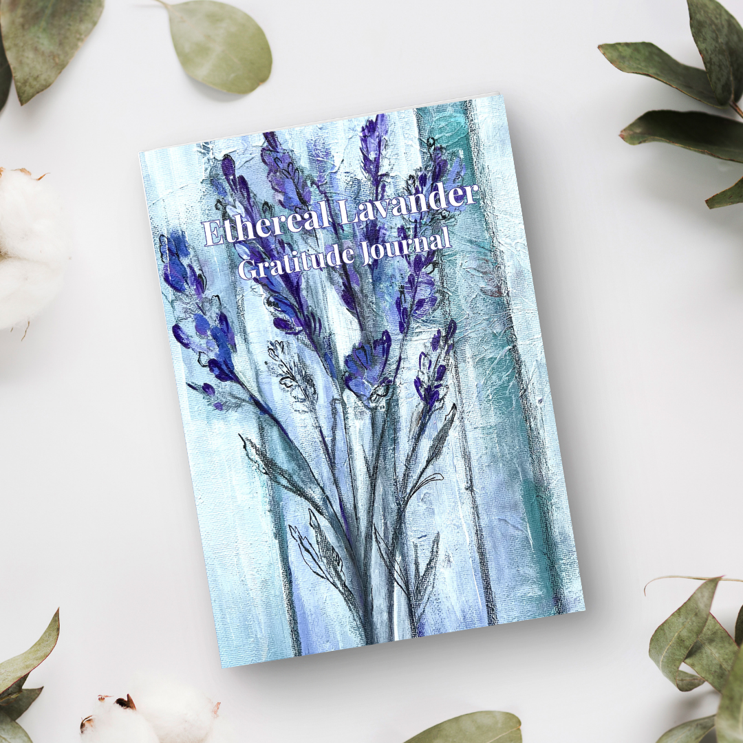 Ethereal Lavender gratitude journal with soft lavender artwork displayed on a clean white background with natural elements