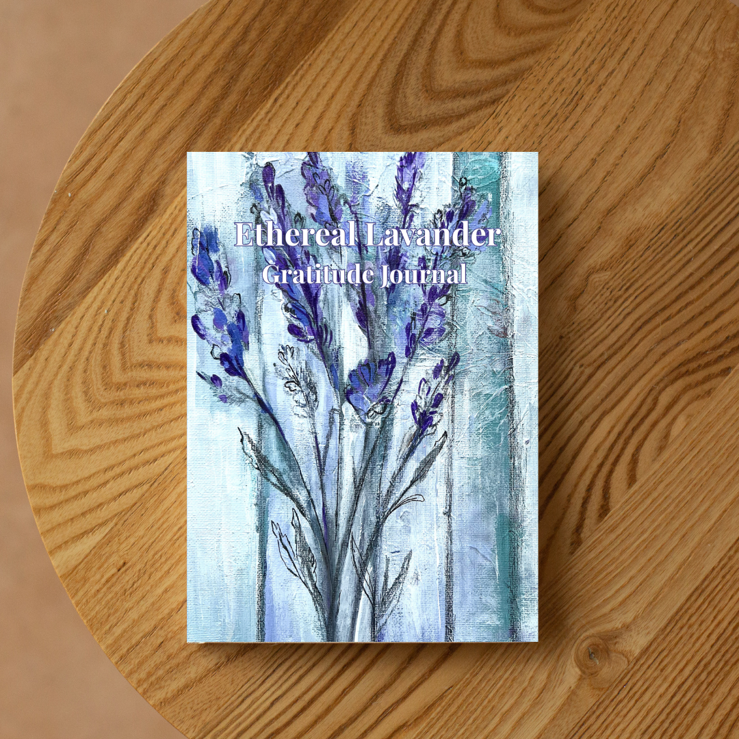 Ethereal Lavender gratitude journal featuring lavender artwork placed on a warm wooden surface