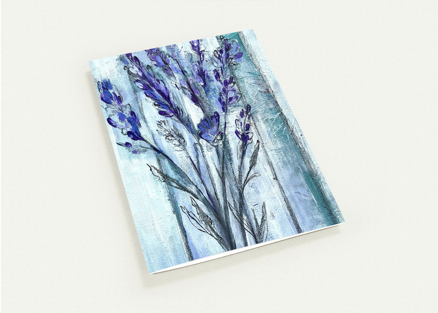 Ethereal lavender greeting card with soft abstract floral artwork in purple and blue tones on a clean background