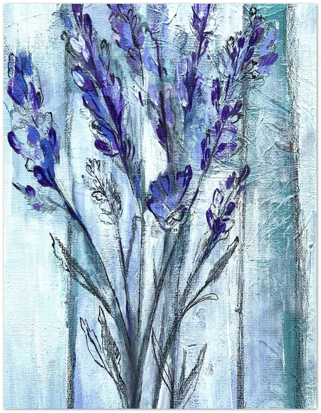 Ethereal lavender greeting card featuring soft abstract floral artwork with delicate purple lavender stems on a textured background