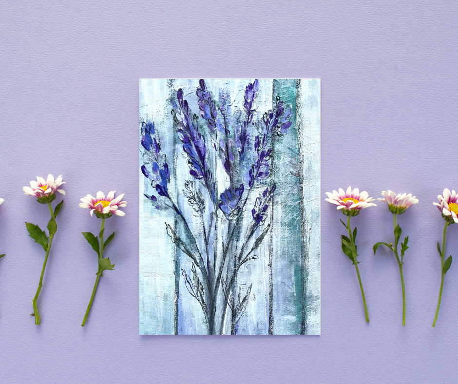 Ethereal lavender greeting card with soft abstract floral artwork displayed on a purple background with small flowers arranged around it