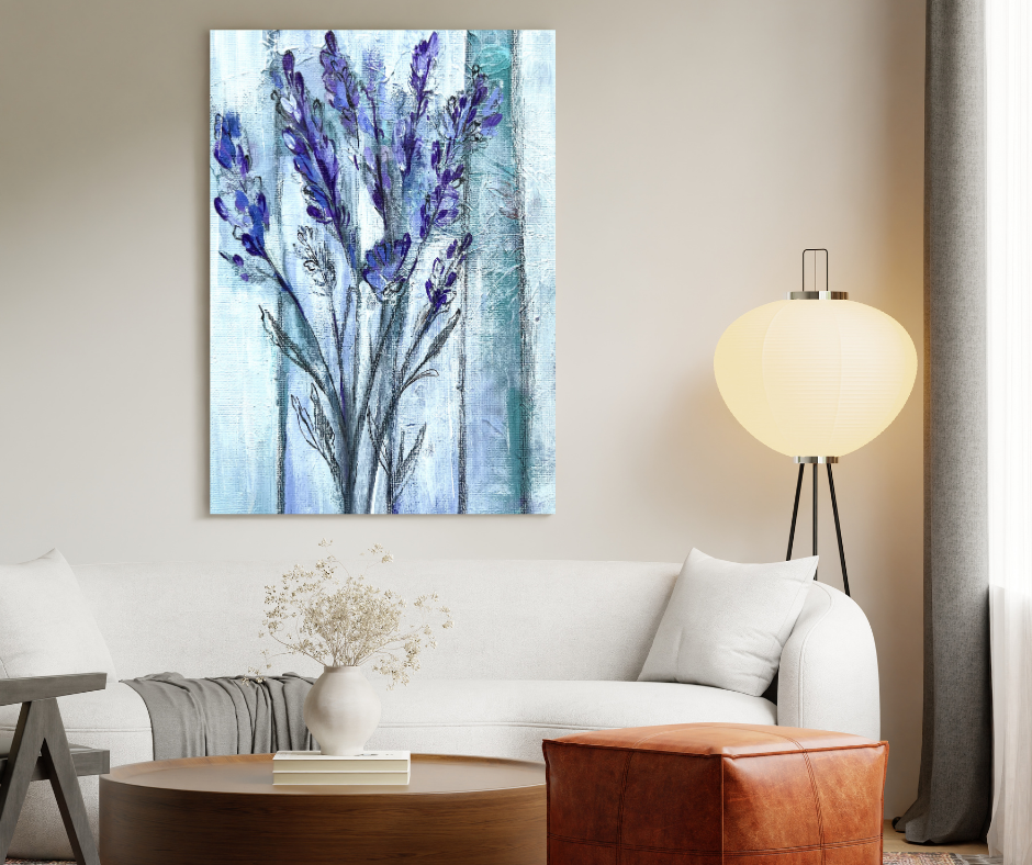 Lavender canvas wall art in soft purple tones displayed above a white sofa in a calm modern living room