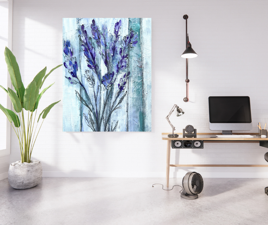 Lavender canvas wall art in soft purple tones displayed above a desk in a modern home office space