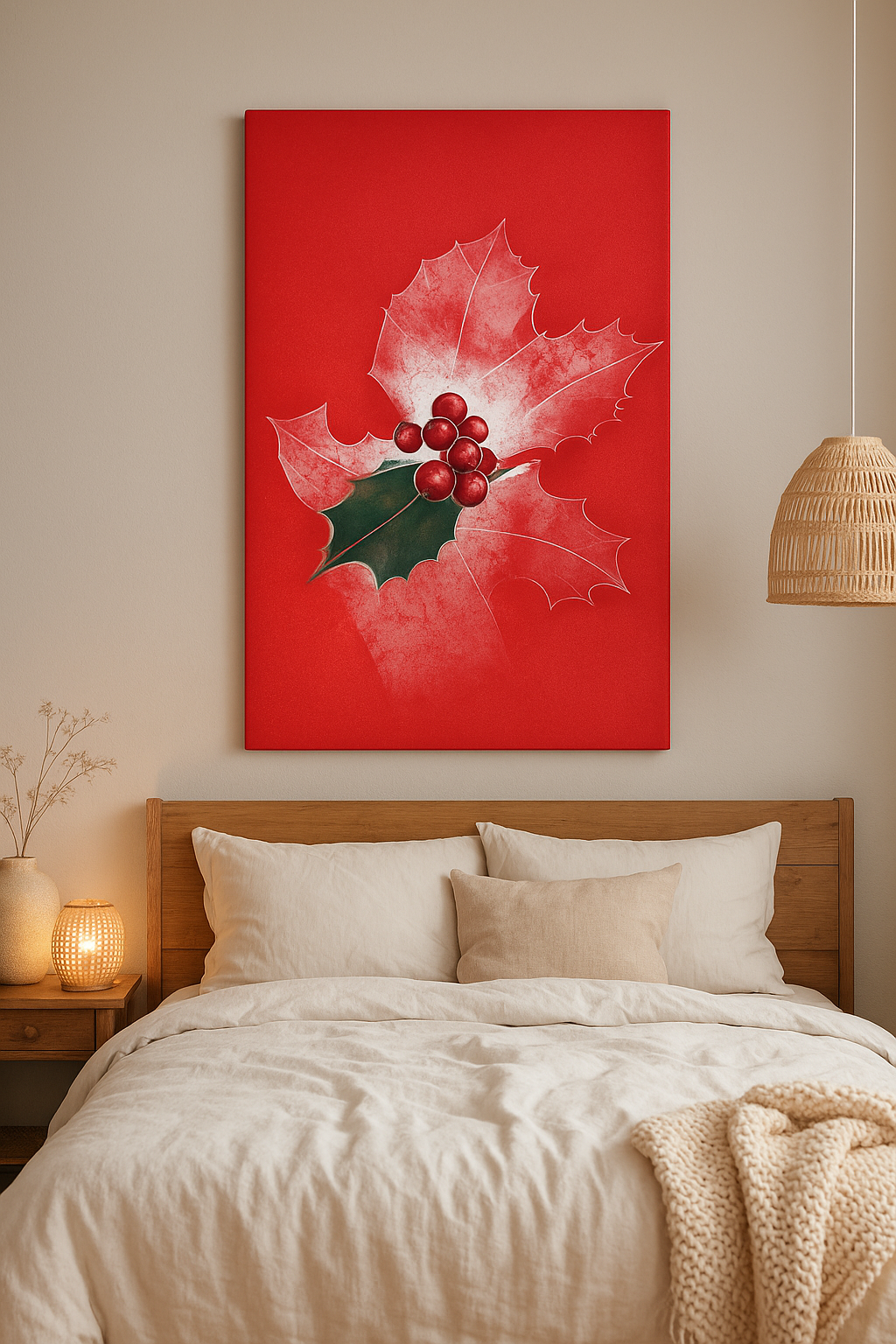 Holly birth flower canvas hanging above a neatly styled bedroom bed in a soft, minimalist space.