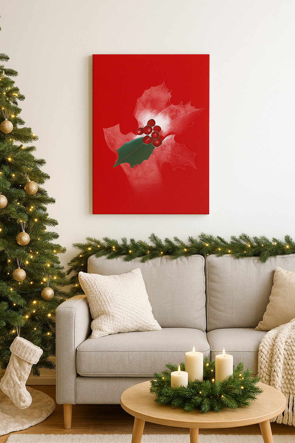 Holly birth flower canvas displayed next to a Christmas tree in warm holiday home decor.